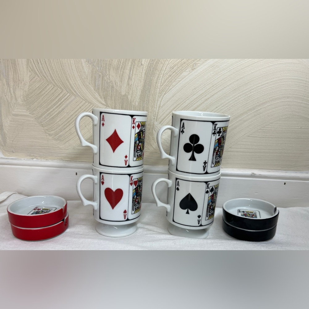 Playing Cards Footed Pedestal stackable 8oz Cup/Mug w/Saucer/Ashtray|Japan Made